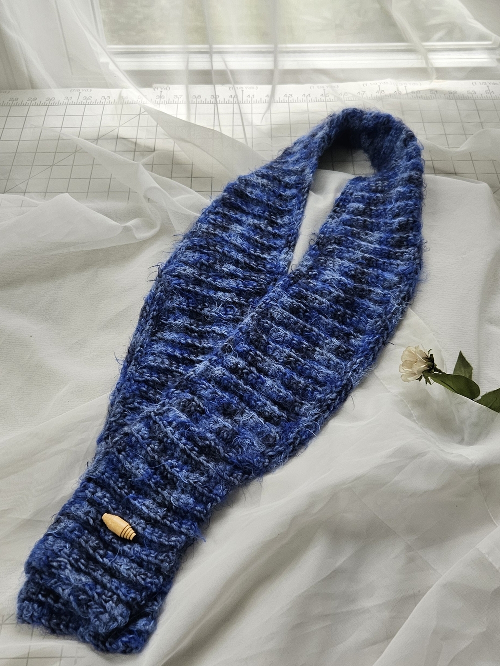 Handmade Blue Knit Scarf with Button Accent - Picture 3 of 3
